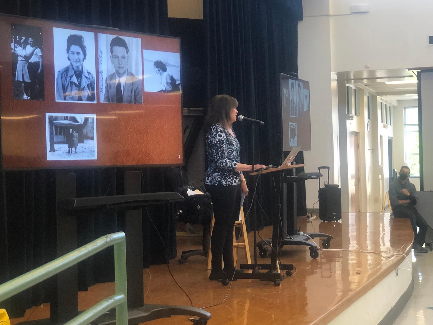 Deborah Long speaking at Culbreth Middle School, May 2023