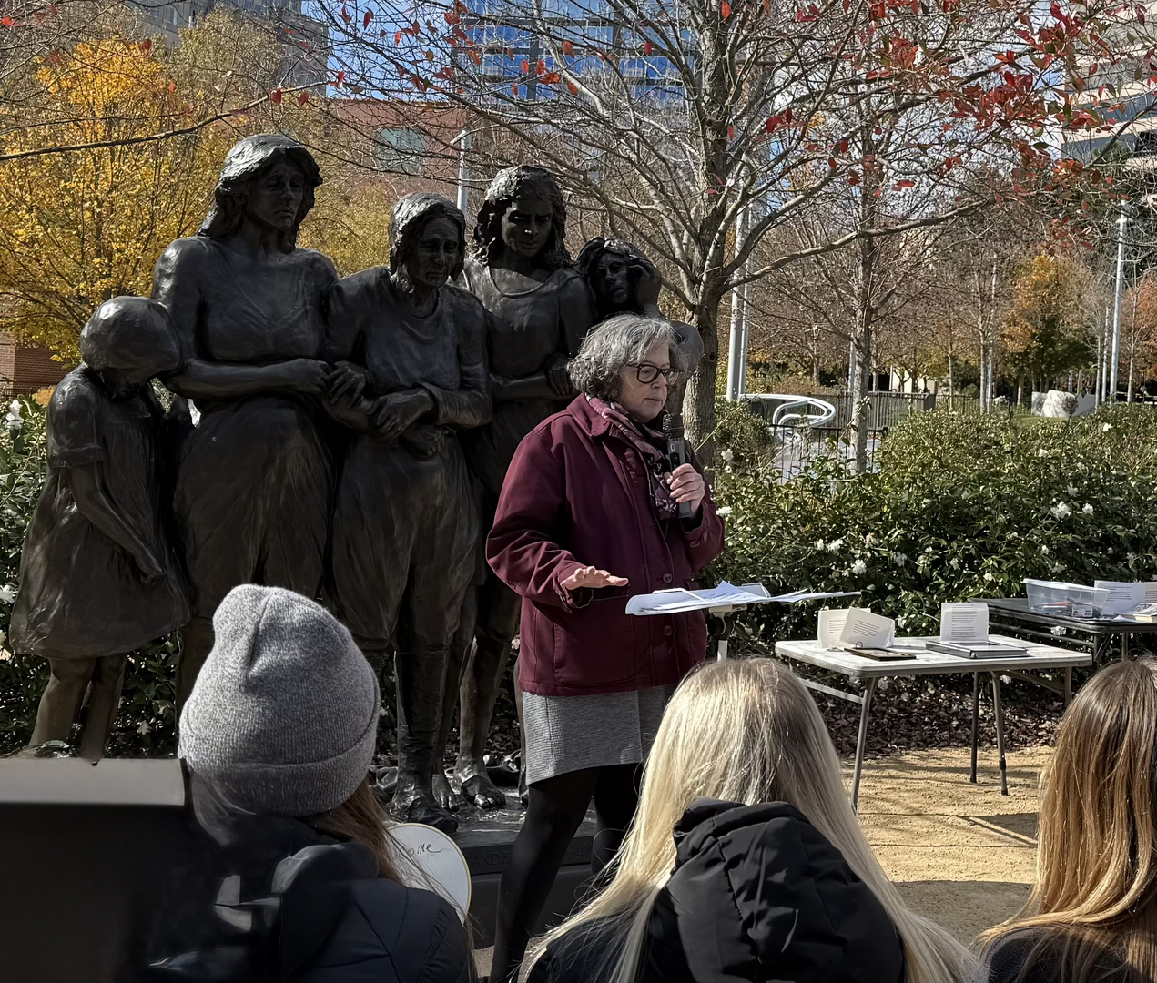 Maureen Wertheim presents to Crest High School students at the Women of the Shoah monument