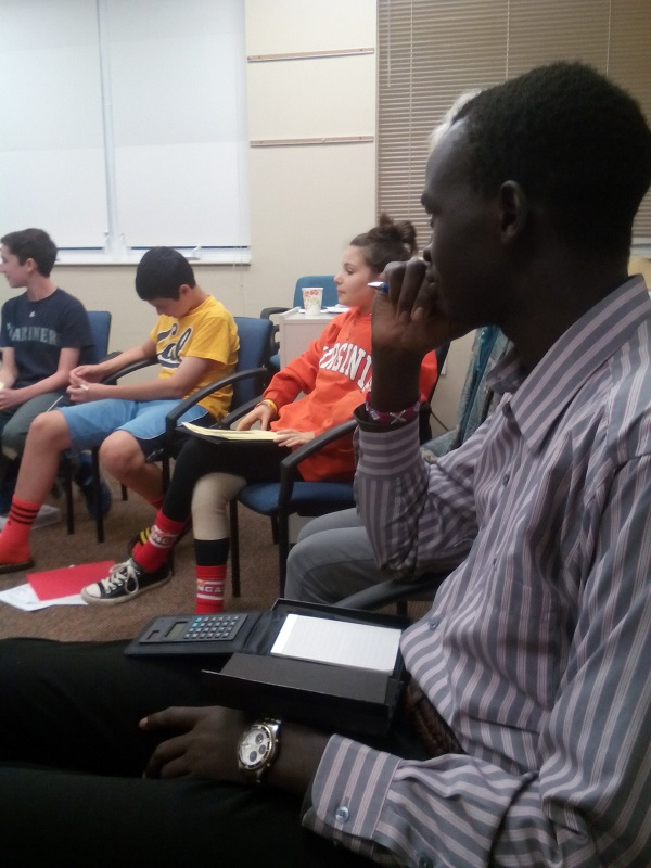 South Sudan refugee Ajak Deng speaks with Community Midrasha students. October 5, 2014
